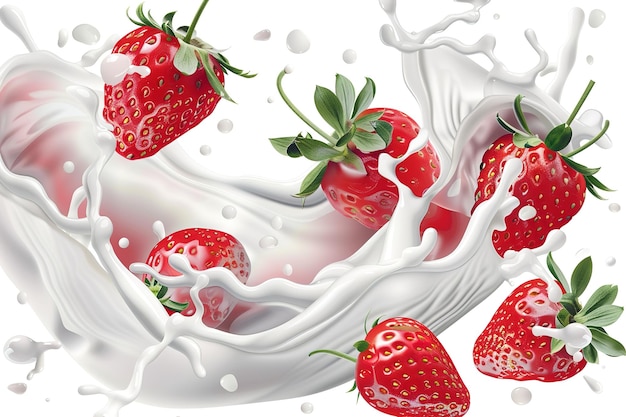 Milch-Eis-Joghurt mit Spritzer und Tropfen aus fallenden Erdbeeren mit Löffel-Creme Erdbeere