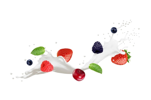 Milch-joghurt-dessertgetränk oder creme-flow-splash mit beeren isolierter realistischer 3d-vektor-milchprodukt weißer flüssiger strom frischer cocktail mit erdbeeren, schwarzbeeren, himbeeren, kirschen, blaubeeren