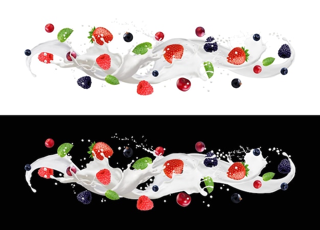 Milchcreme oder joghurt-getränk wellen-spritz mit beeren und grünen blättern realistischer joghurt-getränkfluss 3d-vektor-milchcocktail weißer flüssigkeitsstrom mit erdbeere blaubeere cranberry und himbeere