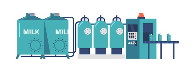 Milchfabrik-förderer mit tanks und paketen auf verarbeitungsband moderne automatische produktlinie milchproduktion