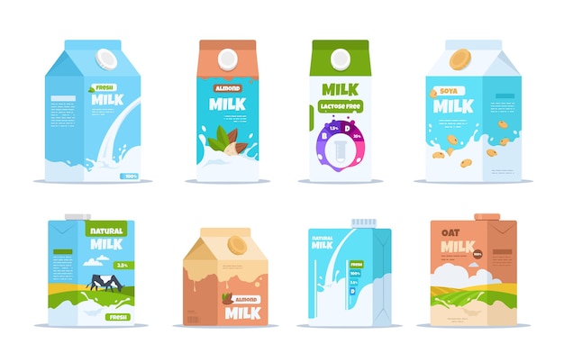 Milchkiste. cartoon-lebensmittelbehälter mit mandel-bio-soja und laktosefreier milch