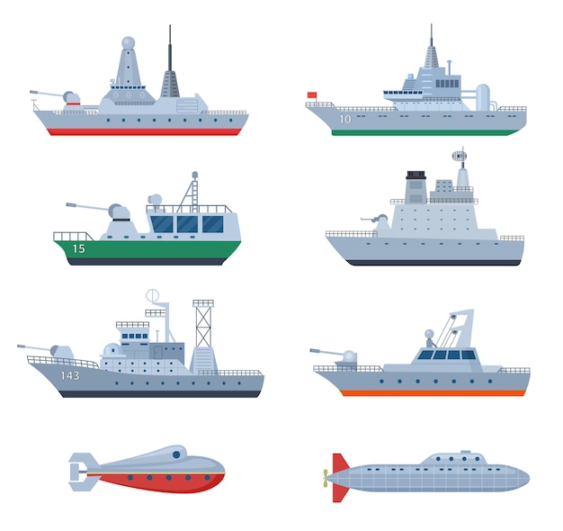 Militärboote. kämpfendes kriegsschiff, sicherheitsfregatte. isolierte kampfsymbole der marineverteidigung. streitkräfte und kriegsmarine, flaches schlachtschiff-set. illustration von militärwaffen, kriegsschiffen und kampfschiffen