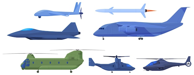 Militärflugzeuge, Aufklärungsdrohnen, Raketen, Jäger, Hubschrauber.