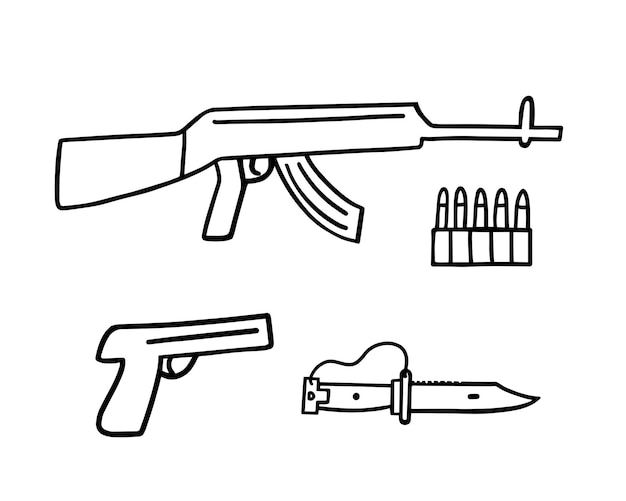 Militärgewehre maschinengewehr pistole bajonett messer munition magazin kugeln handgezeichnete illustration zum drucken von hintergründen, aufklebern, postern und saisonalem design isoliert auf weißem hintergrund