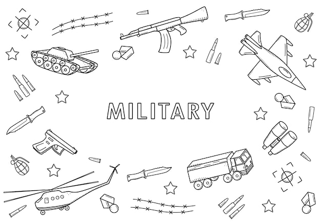 Militärische Doodle-Symbole Vektordarstellung einer Reihe von Militärausrüstungsgegenständen der Armee
