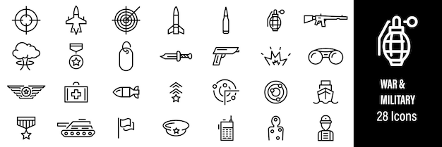 Vektor militärische ikonen kriegswaffen soldat panzer vektor in line-stil ikonen