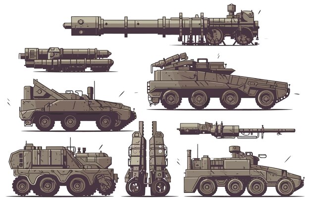 Vektor militärische transportsammlung von vektorpanzern, isolierter militärfahrzeugvektor