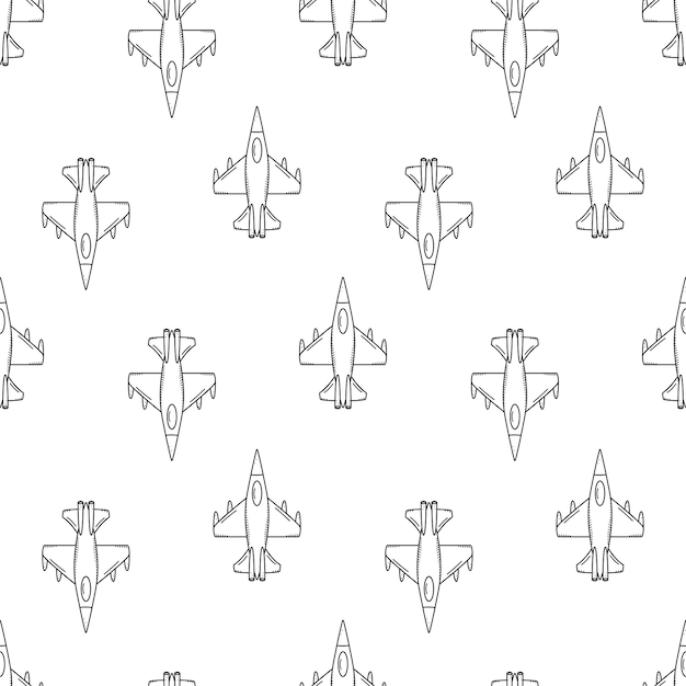 Militärisches Kampfflugzeug-Vektor-Doodle-Symbol Nahtloses Muster Vektor-Illustration von Kriegsluftfahrtausrüstung