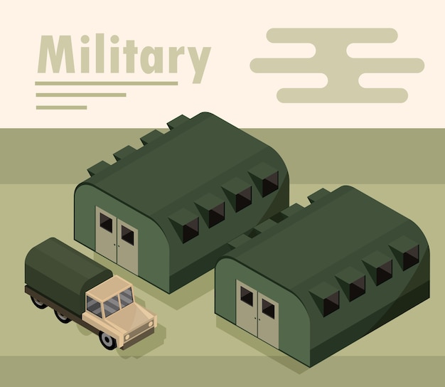 Militärlager mit kaserne und lkw-transportillustration