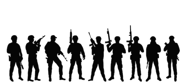 Vektor militärsatz soldaten mit waffen silhouette auf weißem hintergrund vektor
