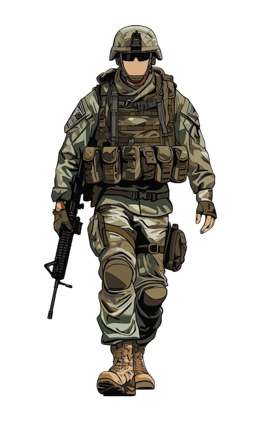 Vektor militärsoldat in uniform und waffe. armeesoldat in uniform, der stärke und tapferkeit zur schau stellt