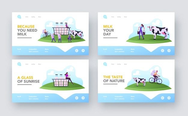 Milkman arbeit landing page vorlagensatz. charaktere, die auf einer tierfarm arbeiten, kuh melken oder milchprodukte an kunden liefern. winzige leute am riesigen korb mit milch. cartoon-vektor-illustration