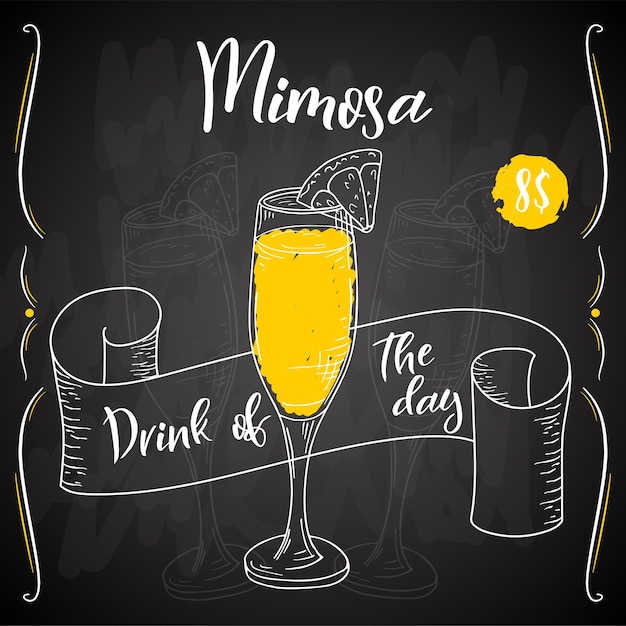 Mimosa-cocktail handgezeichnetes getränk auf weißem hintergrund vektor-illustration