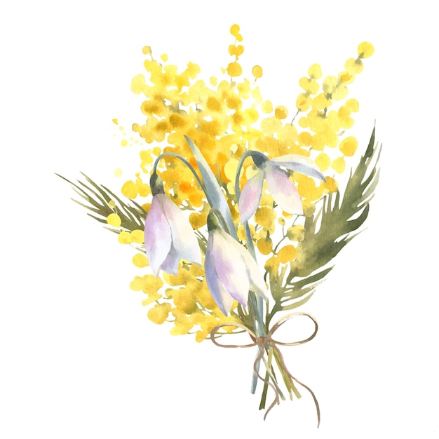 Mimosengelbe Frühlingsblumen und weißer Schneeglöckchenblumenstrauß mit handgezeichneter Illustration des Bogenaquarellvektors