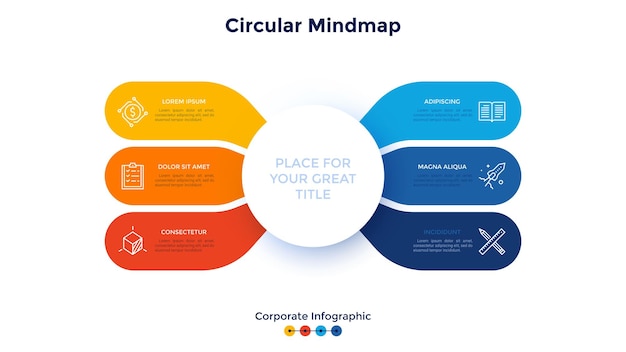 Mind map oder schema mit sechs bunten elementen, die mit dem hauptkreis verbunden sind konzept von 6 funktionen des startprojekts infografik-designvorlage für unternehmen minimale flache vektorillustration für banner