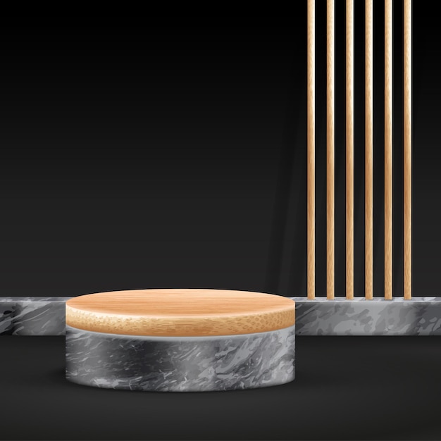 Minimale Bambus-Podiumszene mit geometrischen Formen. Zylinder Bambus Podium oder schwarze Marmor Plattform.