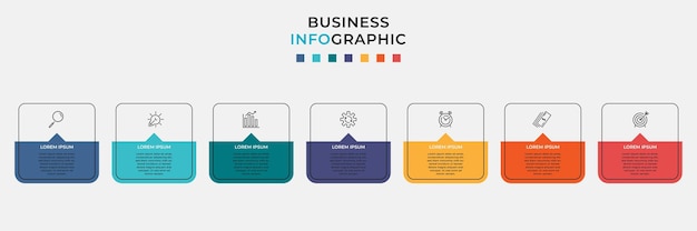 Minimale business infographics-vorlage. zeitleiste mit sieben schritten, optionen und marketing-symbolen