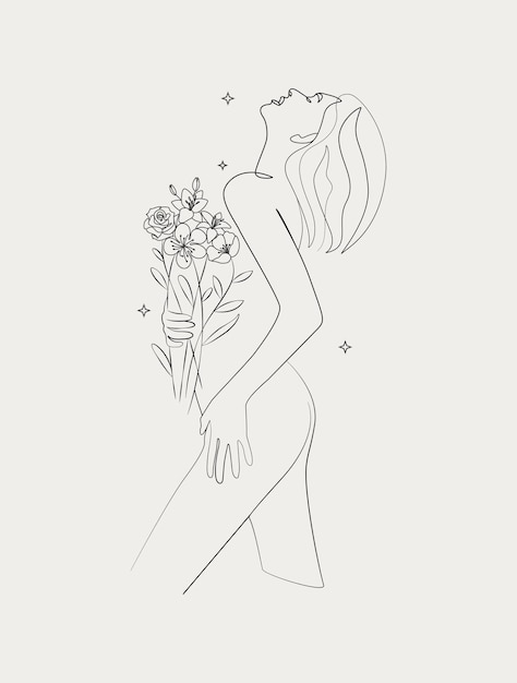 Vektor minimale strichzeichnungen abstrakte frau mit blumen mode-modell blumenmädchen stehende vektor-illustration