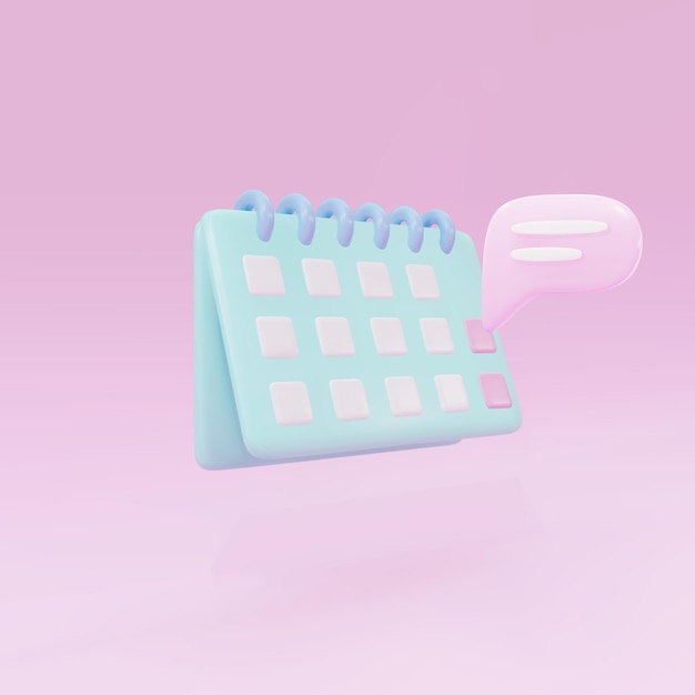 Minimales 3d-kalendersymbol auf rosa hintergrund mit nachrichtenblasensymbol