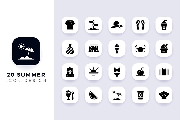 Minimales flaches Sommer-Ikonenpaket