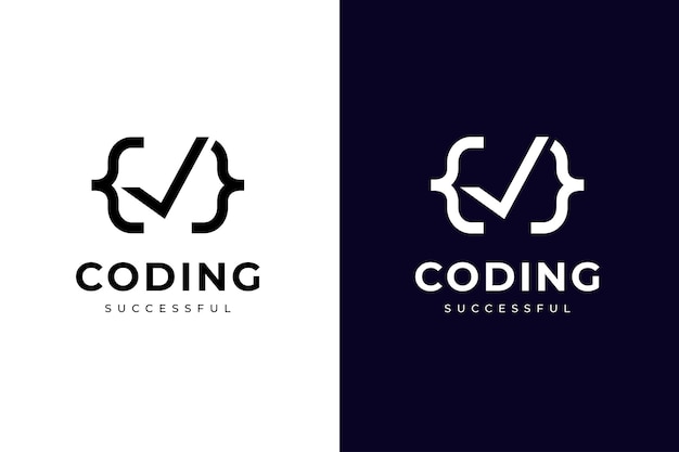 Minimalist coding success logo icon design with a check mark graphic concept symbolizing successful programming web development IT and software projects