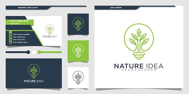 Minimalistisch des Naturideen-Logo-Designs mit kreativem Kunststil der Glühbirne und Visitenkartendesign Premium-Vektor. Teil 1