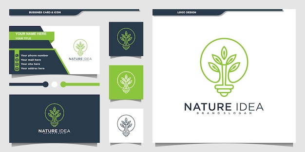 Minimalistisch des naturideen-logo-designs mit kreativem kunststil der glühbirne und visitenkartendesign premium-vektor. teil 1