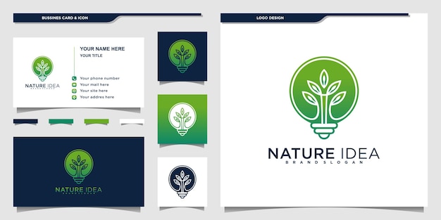 Minimalistisch des naturideen-logo-designs mit kreativem kunststil der glühbirne und visitenkartendesign premium-vektor. teil 2