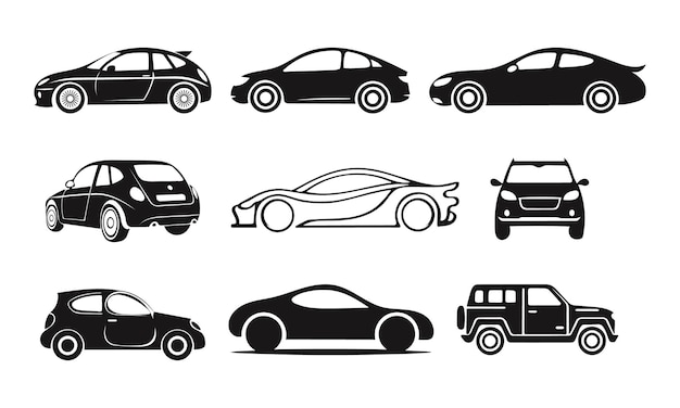 Minimalistische Auto-Silhouetten Vektor-Ikonen in Schwarz-Weiß