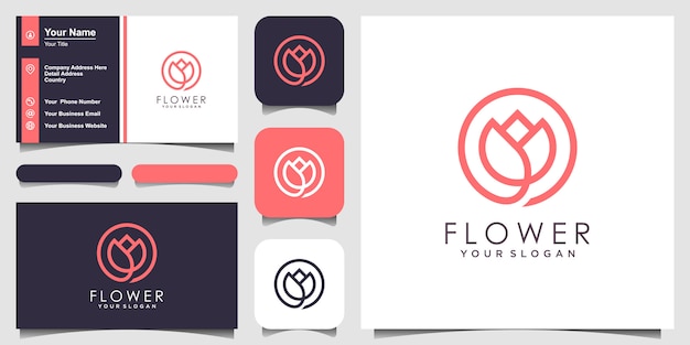 Minimalistische elegante blumenrosenschönheit mit strichgrafikstil. logo verwenden kosmetik, yoga und spa logo inspiration. satz logo und visitenkarten-design