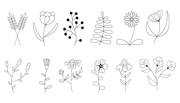 Minimalistische handgezeichnete Blumenlinienkunst-Sammlung Ein Satz schwarzweißer minimalistischer Blumenlinien-Kunst