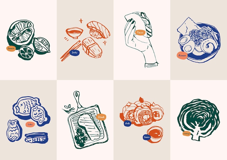 Vektor minimalistische handgezeichnete vektorgrafik-sammlung für speisen und getränke. kunst für postkarten, branding