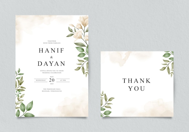 Minimalistische hochzeitseinladung und dankeskarte mit blumen und blättern