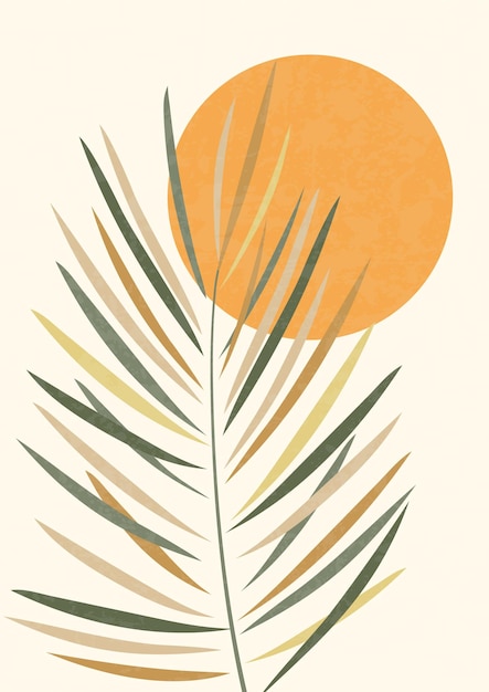 Minimalistische illustration mit palmblatt und sonnenplakat