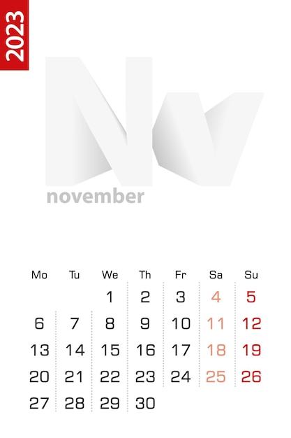 Minimalistische kalendervorlage für den vektorkalender november 2023 in englischer sprache