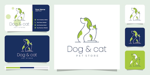 Minimalistische kombination von hund und katze. pfote, laden, farbe. logo-design mit visitenkarte.