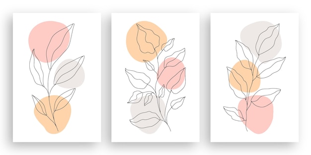 Minimalistische linienkunst-blumenillustration mit dem entwurfssatz der abstrakten blätter