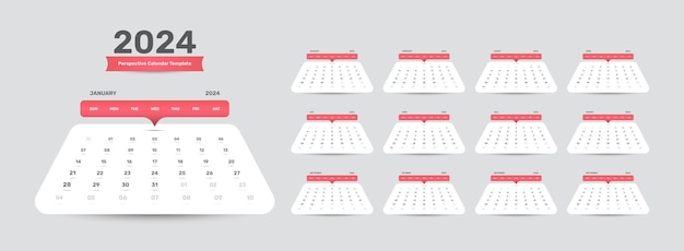 Minimalistische perspektivische Kalendervorlage für 2024 mit Schlagschatten und genauem Datumsformat