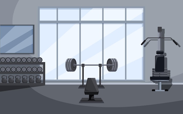 Minimalistische Turnhalle mit Geräten, Vektor-Illustration