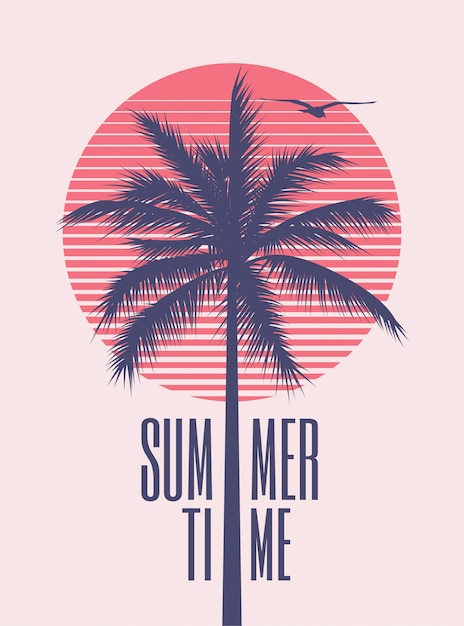 Vektor minimalistische vintage gestylte plakatentwurfsschablone der sommerzeit mit palmenschattenbild und roter sonne auf hintergrund für sommerfest oder ereignis. illustration