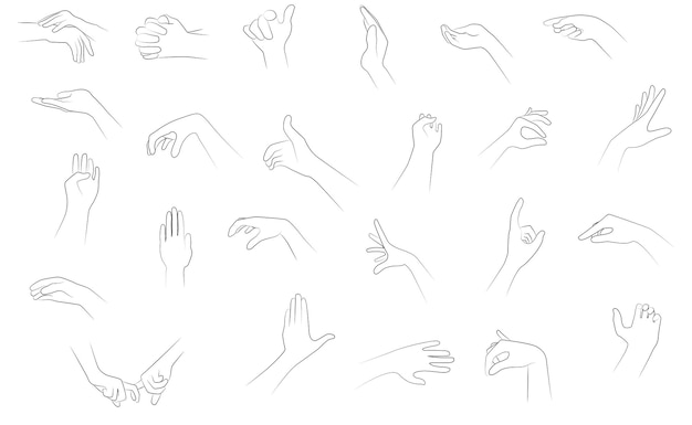 Minimalistischer Linienillustrationssatz von Handpositionen und Gesten in schwarzer Linie auf weißem Hintergrund