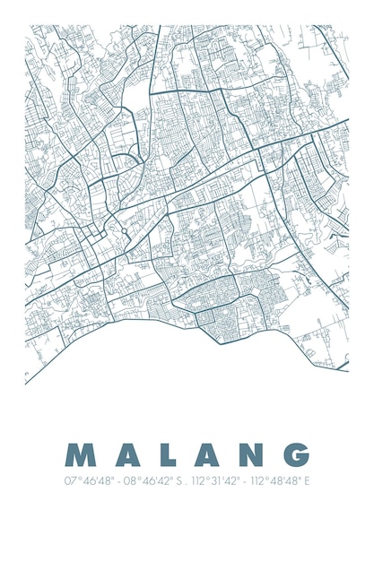 Minimalistischer stadtplan von malang, druckbare wanddekoration