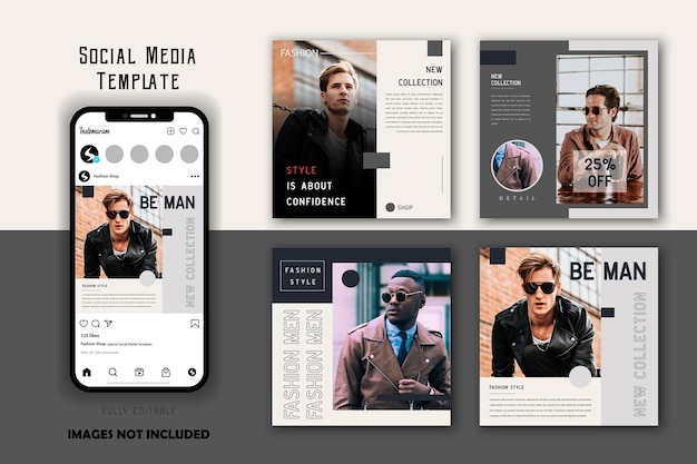 Minimalistisches, einfaches, weißes, graues mode-männer-social-media-posts-vorlagen-set-paket