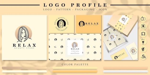 Minimalistisches frauenkopf-logo-branding mit muster- und icon-set