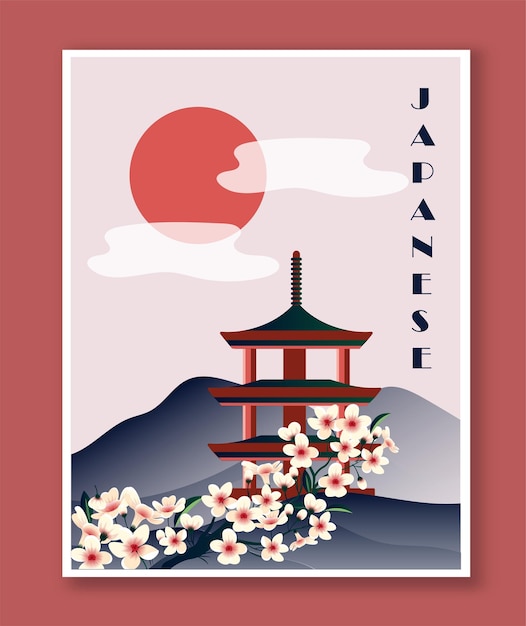 Minimalistisches japanisches Poster rote asiatische Architekturelement in der Nähe von Sakura und Bergen blühen und