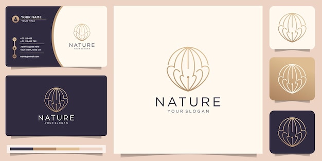 Minimalistisches natur-schlank-logo mit kreativem kreisdesign im linearen stil und visitenkartendesign.