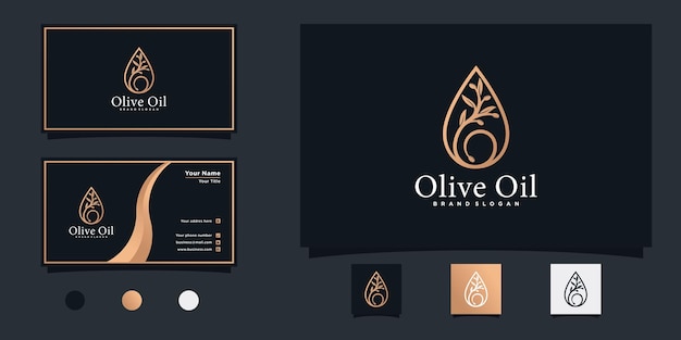 Minimalistisches olivenöl-logo-design mit olivenbaum- und wassertropfenkonzept und visitenkarte premium-vektor