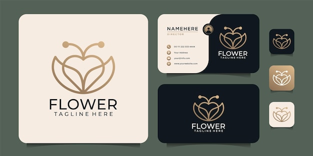 Minimalistisches schönheitsmonogramm lieben blumenlogo-designelemente mit visitenkarte