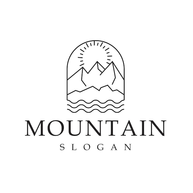 Minimalistisches Sunshine Mountains und Sea Line Design mit einzigartigem ovalen Rahmen Vintage Adventure Logo