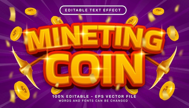 Mining coin 3d-texteffekt und bearbeitbarer texteffekt mit münzillustration